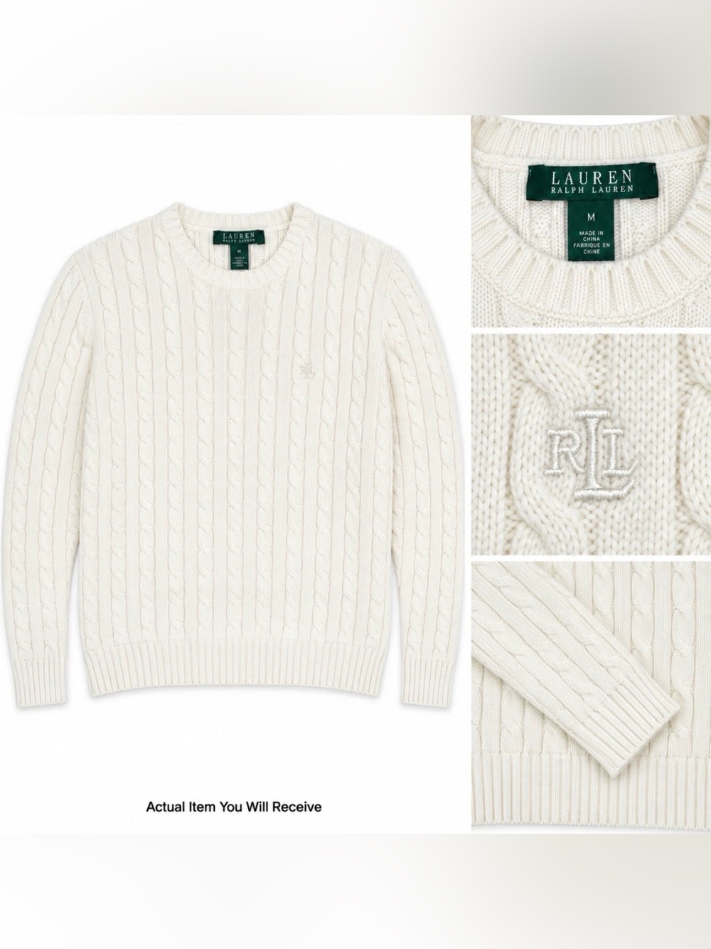 NWOT Lauren Ralph Lauren White Cable Knit Sweater Women M 100% Cotton LRL Logo